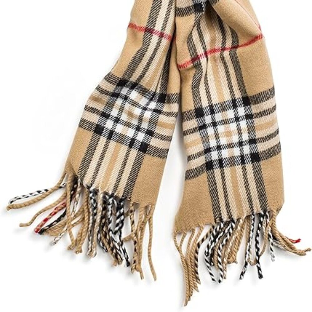 New - Tan Plaid Cashmere Scarf - Made in Scotland 100% Cashmere Soft & Warm - Picture 2 of 3